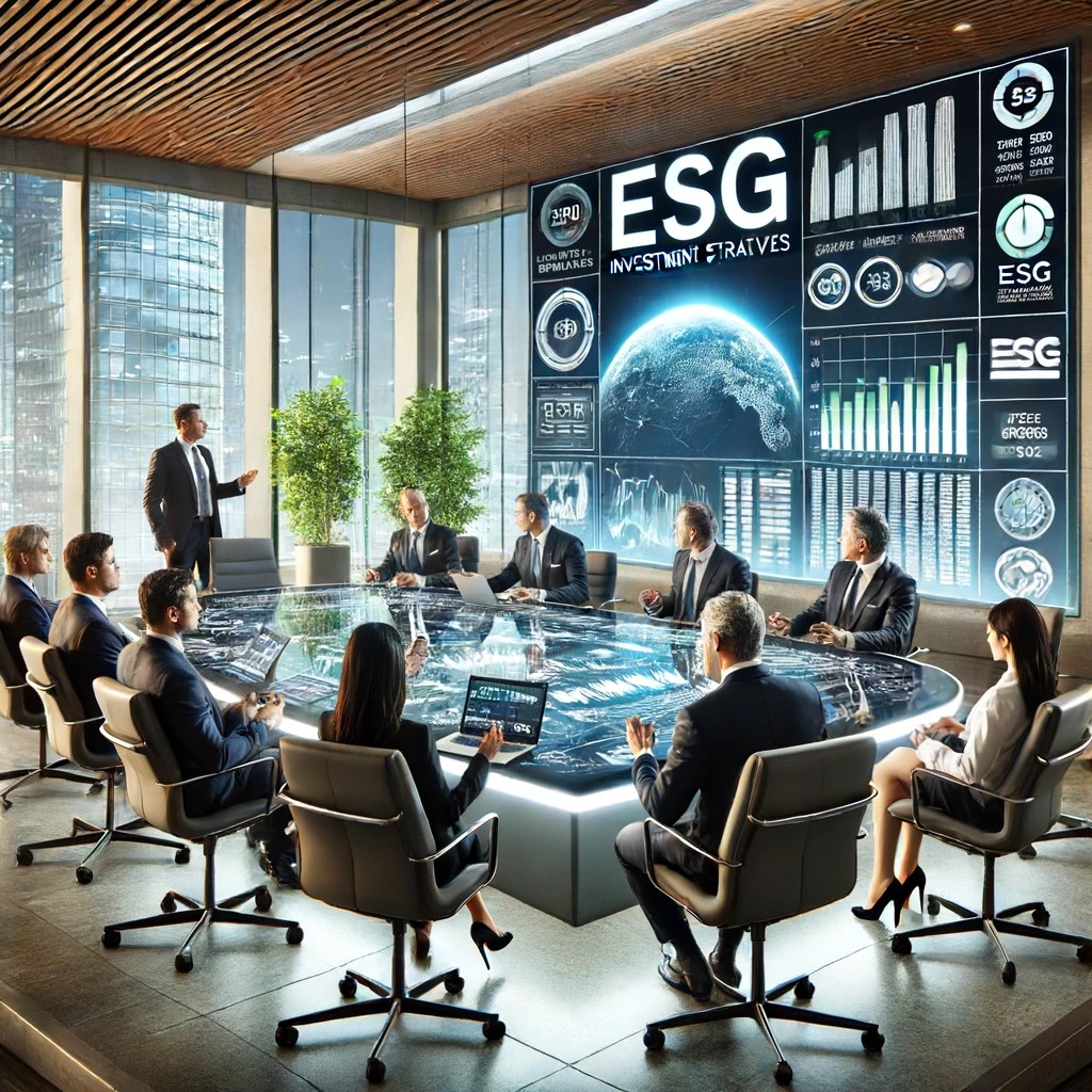 DALL·E 2024-06-15 20.57.31 - A corporate meeting room where executives are discussing ESG investment strategies. The room is modern and well-lit, with a large table and comfortabl