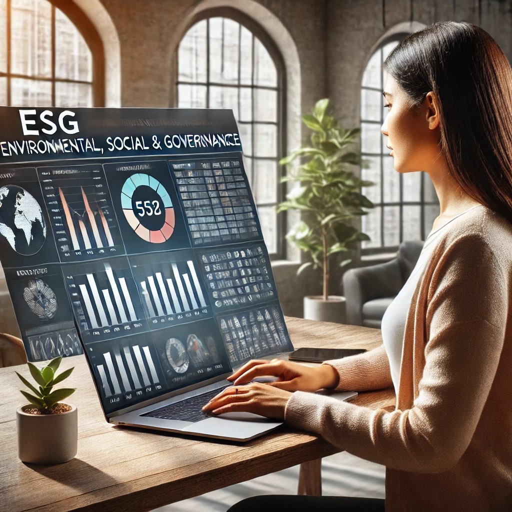 DALL·E 2024-06-15 20.57.32 - An investor analyzing ESG data on a laptop in a home office. The investor, a young Middle Eastern woman, is looking at detailed environmental, social,