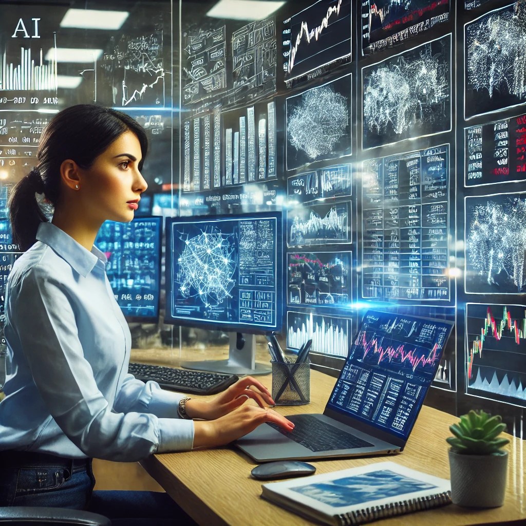 DALL·E 2024-06-16 20.53.52 - A financial analyst using advanced machine learning tools to analyze stock market data. The scene shows the analyst, a young Middle Eastern female, at