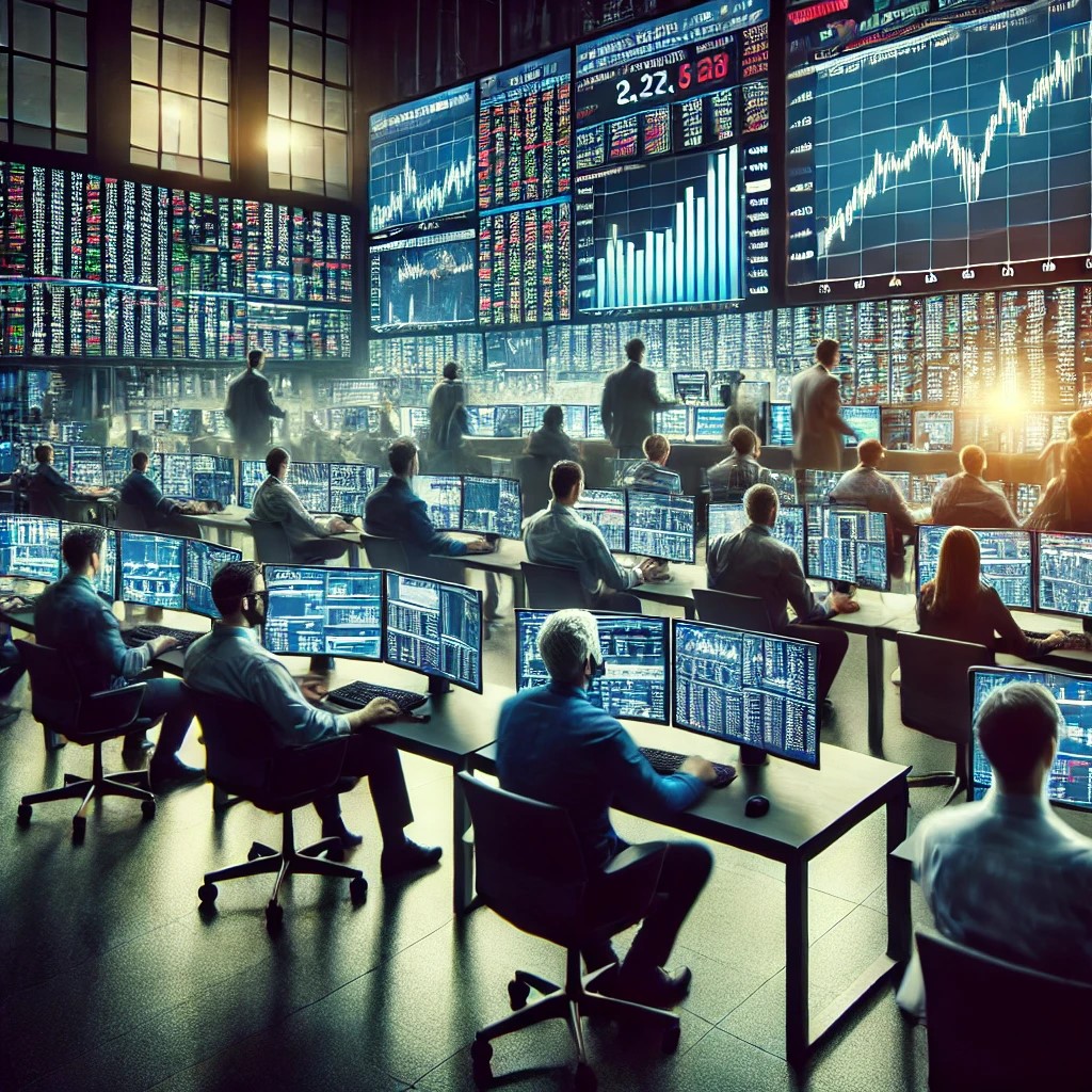 DALL·E 2024-06-20 23.13.35 - A financial trading room bustling with activity, showing traders focused on multiple screens displaying dynamic market data during a volatile trading 