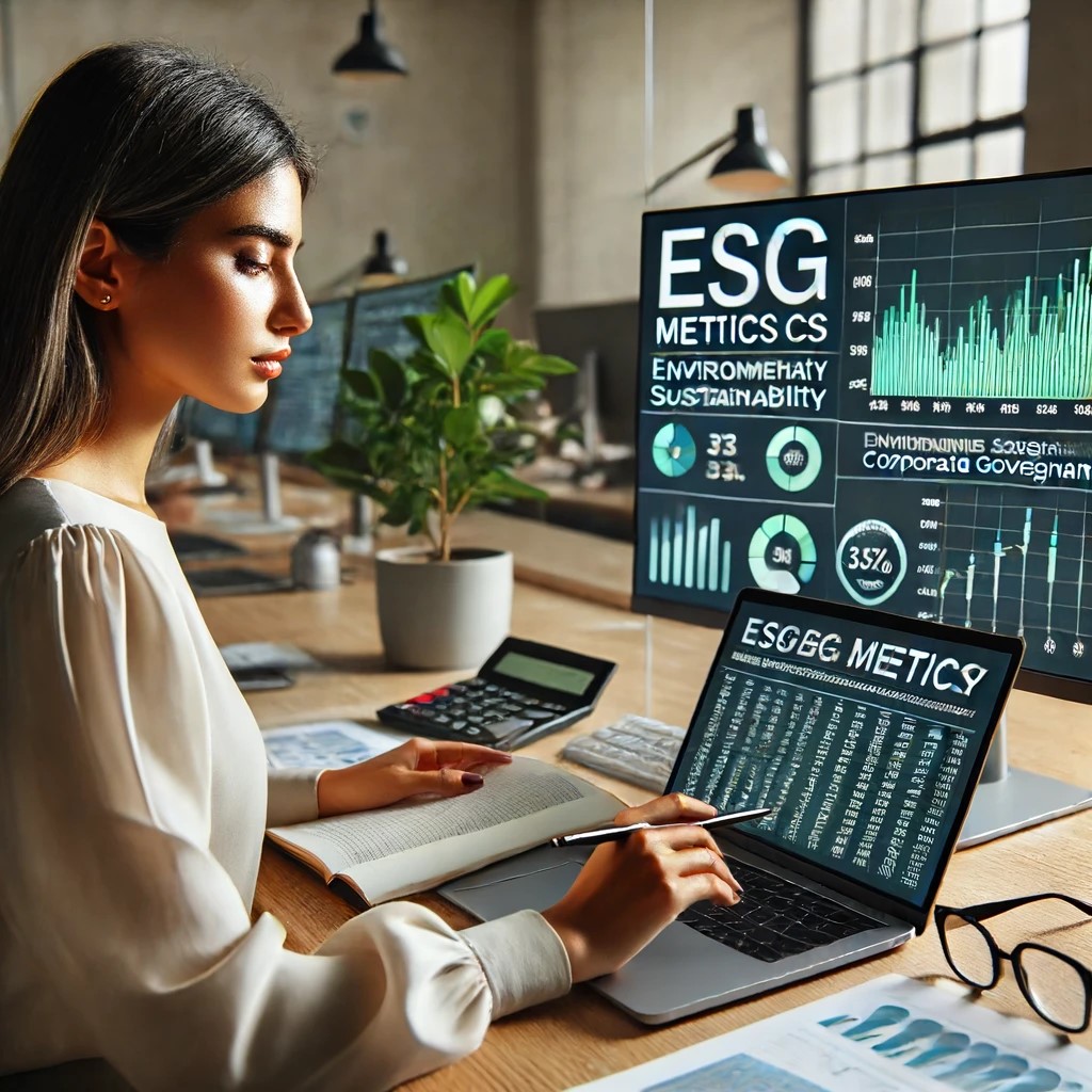 DALL·E 2024-06-15 19.23.31 - An investor analyzing ESG metrics on a laptop in a well-lit office. The laptop screen displays graphs and data points on environmental sustainability 