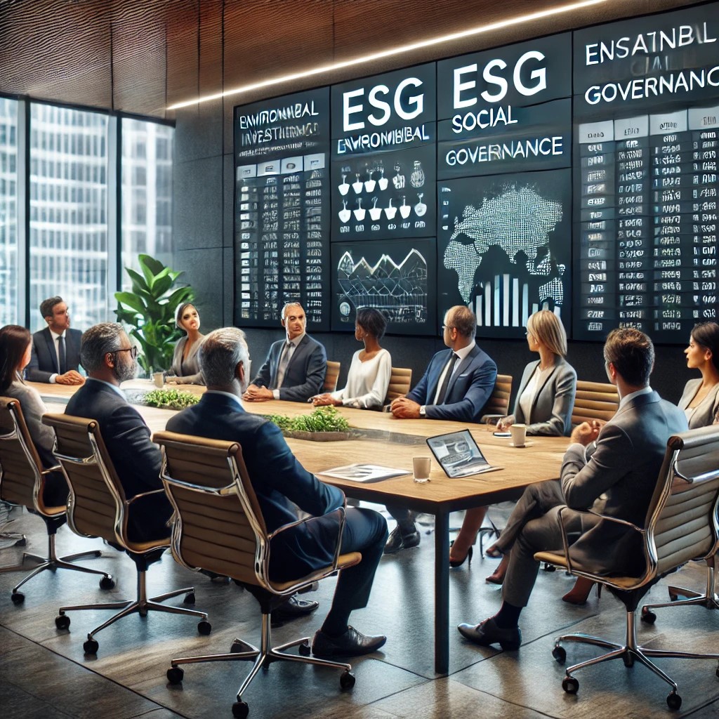 DALL·E 2024-06-15 19.23.29 - A modern corporate boardroom meeting focused on sustainable investment strategies. The scene includes a diverse group of executives discussing ESG (En