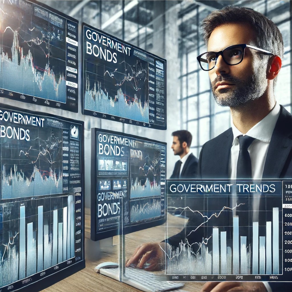 DALL·E 2024-06-15 18.28.24 - A financial analyst examining government bond trends on multiple computer screens in a modern office environment. The screens display graphs and data 