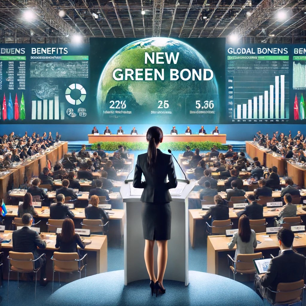 DALL·E 2024-06-15 18.28.26 - A government official presenting new green bond initiatives at an international finance conference. The setting includes a large conference hall with 