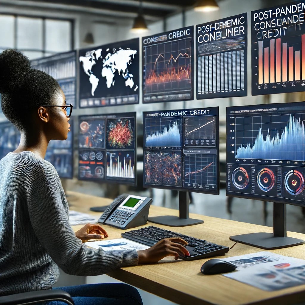 DALL·E 2024-06-16 19.19.19 - A financial analyst working at a modern workstation, analyzing post-pandemic consumer credit data on multiple monitors. The office setup is sleek and 