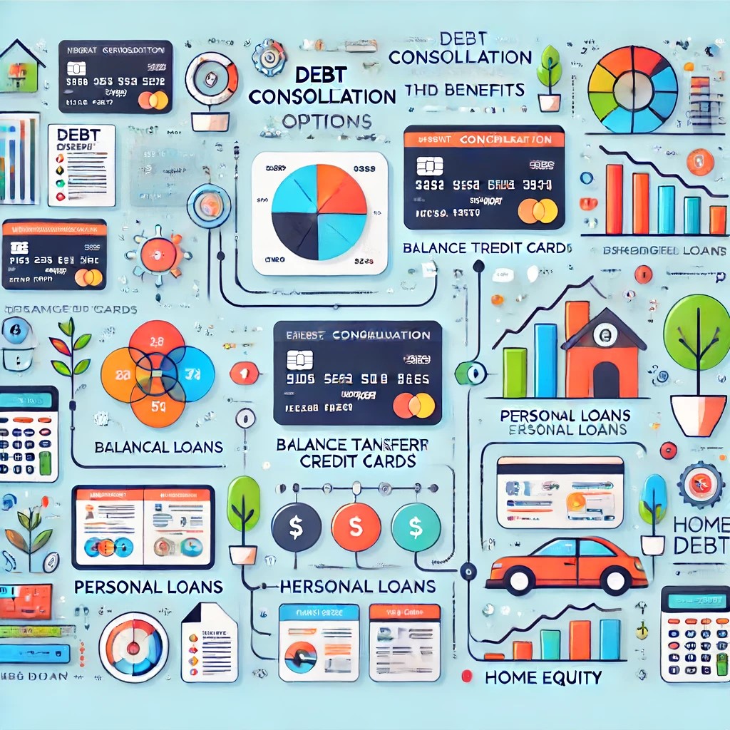 DALL·E 2024-06-15 20.16.12 - A detailed infographic showcasing different debt consolidation options and their benefits. The infographic includes visual elements like flowcharts, c