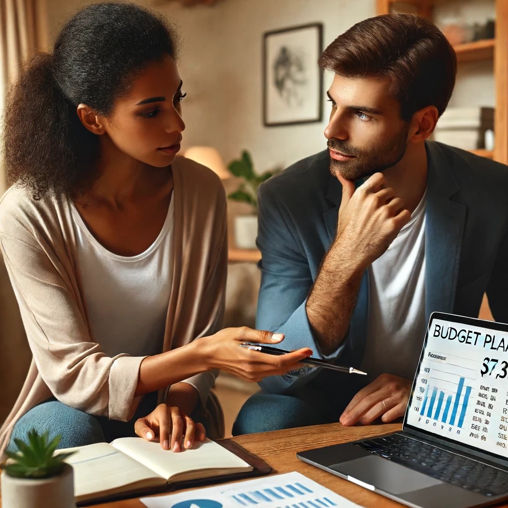 DALL·E 2024-06-15 20.16.11 - A financial advisor discussing budget planning with a client in a cozy, professional office. The advisor, an African American woman, is pointing at a 