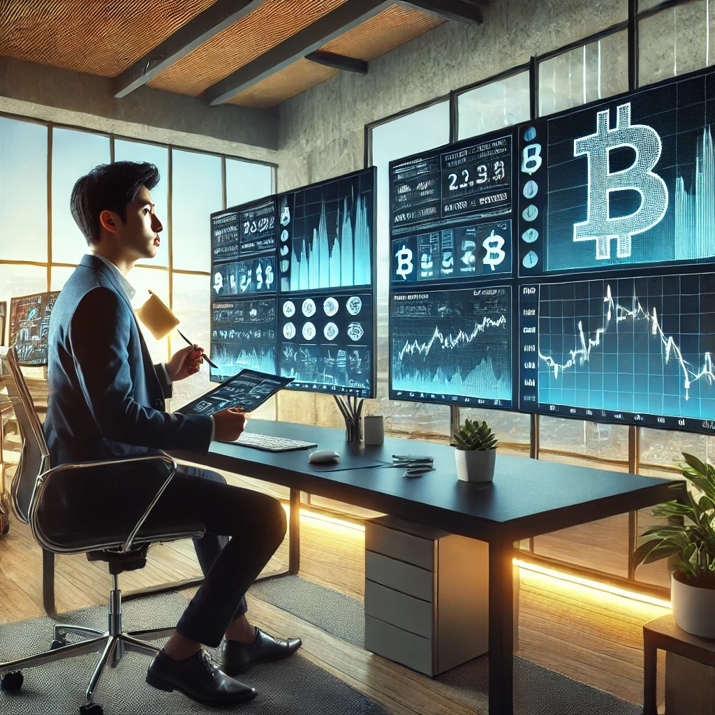 DALL·E 2024-06-16 22.00.27 - A modern financial analyst's office with dual monitors displaying cryptocurrency market trends and data analytics. The scene includes a young professi