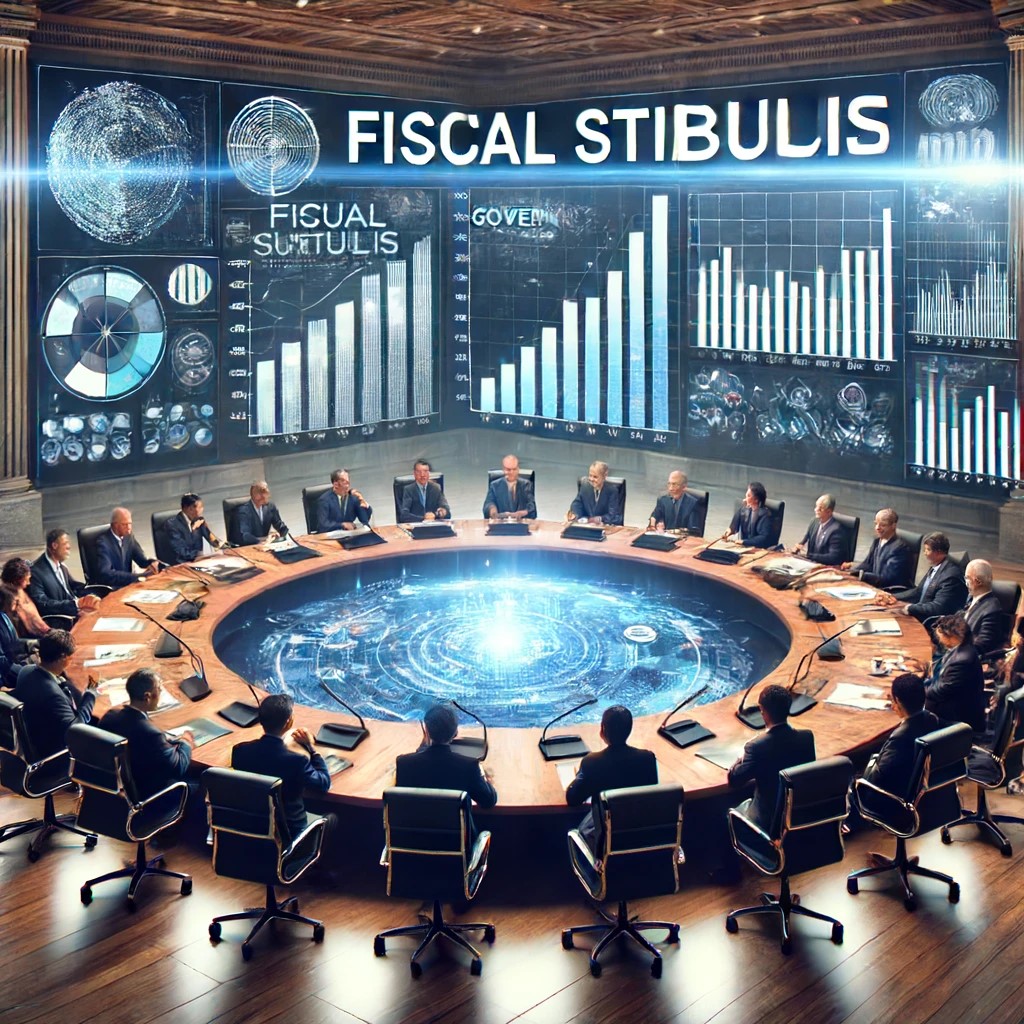 DALL·E 2024-06-15 17.46.11 - A high-level government meeting discussing fiscal stimulus, featuring a diverse group of policymakers and economists seated around a large oval table,