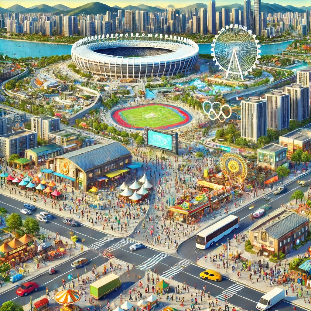 DALL·E 2024-06-17 22.18.28 - A bustling cityscape with a major sporting event taking place. The scene includes tourists, vendors, and newly built infrastructure like stadiums and 