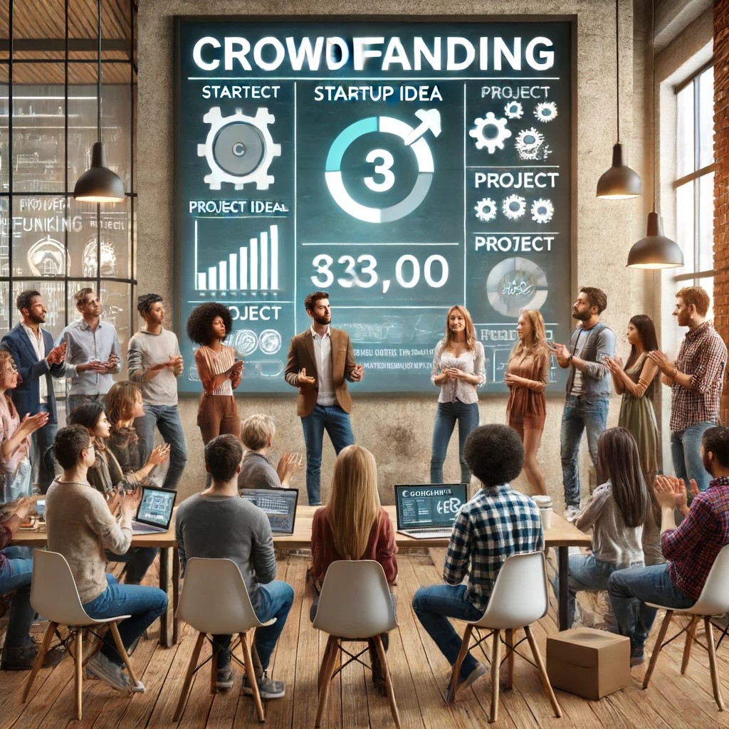 DALL·E 2024-06-15 18.37.41 - A diverse group of entrepreneurs presenting their startup idea to a crowd through a crowdfunding event. The scene shows a modern, casual setting with 