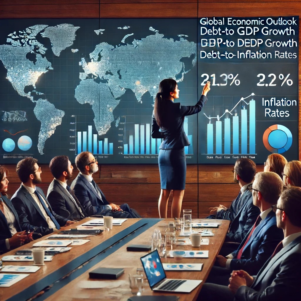 DALL·E 2024-06-15 20.54.23 - A financial analyst presenting a global economic outlook in a corporate boardroom. The room is filled with international business executives attentive