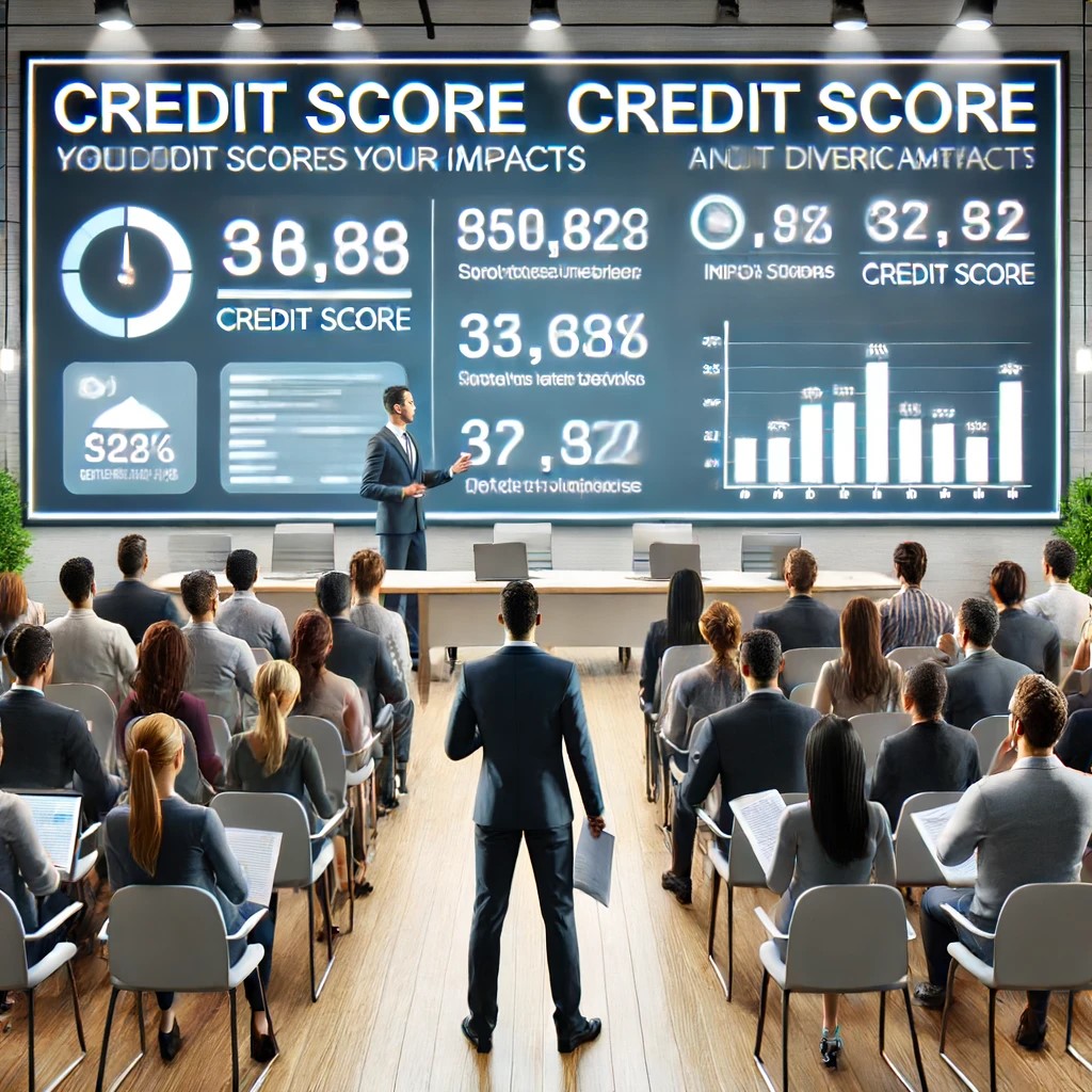 DALL·E 2024-06-15 19.05.19 - A financial seminar where a credit expert is explaining the importance of credit scores to a diverse audience. The room is equipped with digital scree