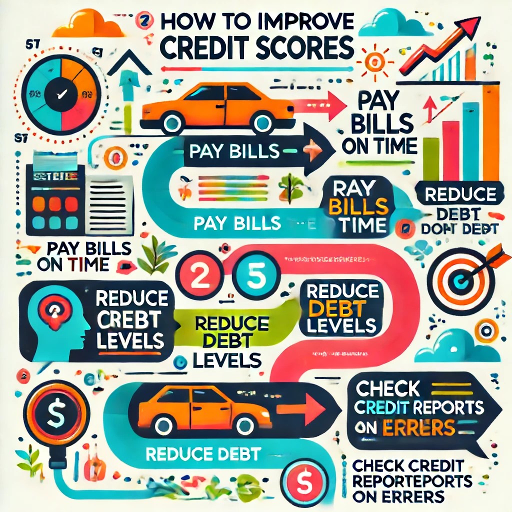 DALL·E 2024-06-15 19.05.21 - A creative infographic displaying various ways to improve credit scores, including steps like 'Pay bills on time', 'Reduce debt levels', and 'Check cr