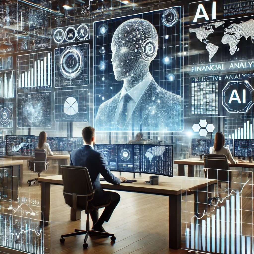 DALL·E 2024-06-20 21.12.56 - A sophisticated financial analysis setup featuring AI technology. The scene includes a financial analyst working in a modern office surrounded by scre