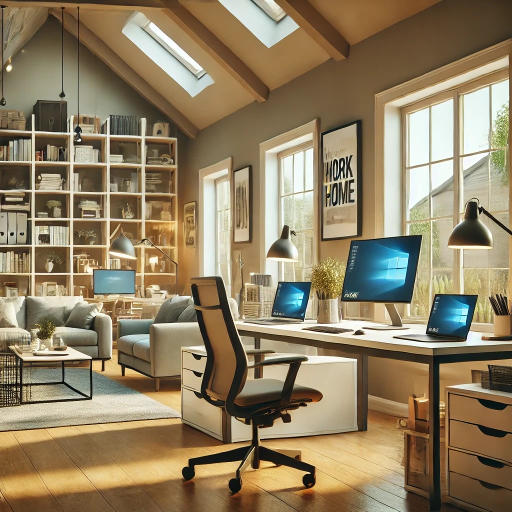 DALL·E 2024-06-20 21.26.34 - A modern suburban home office setup illustrating the shift in residential real estate trends due to remote work. The scene features a spacious, well-l