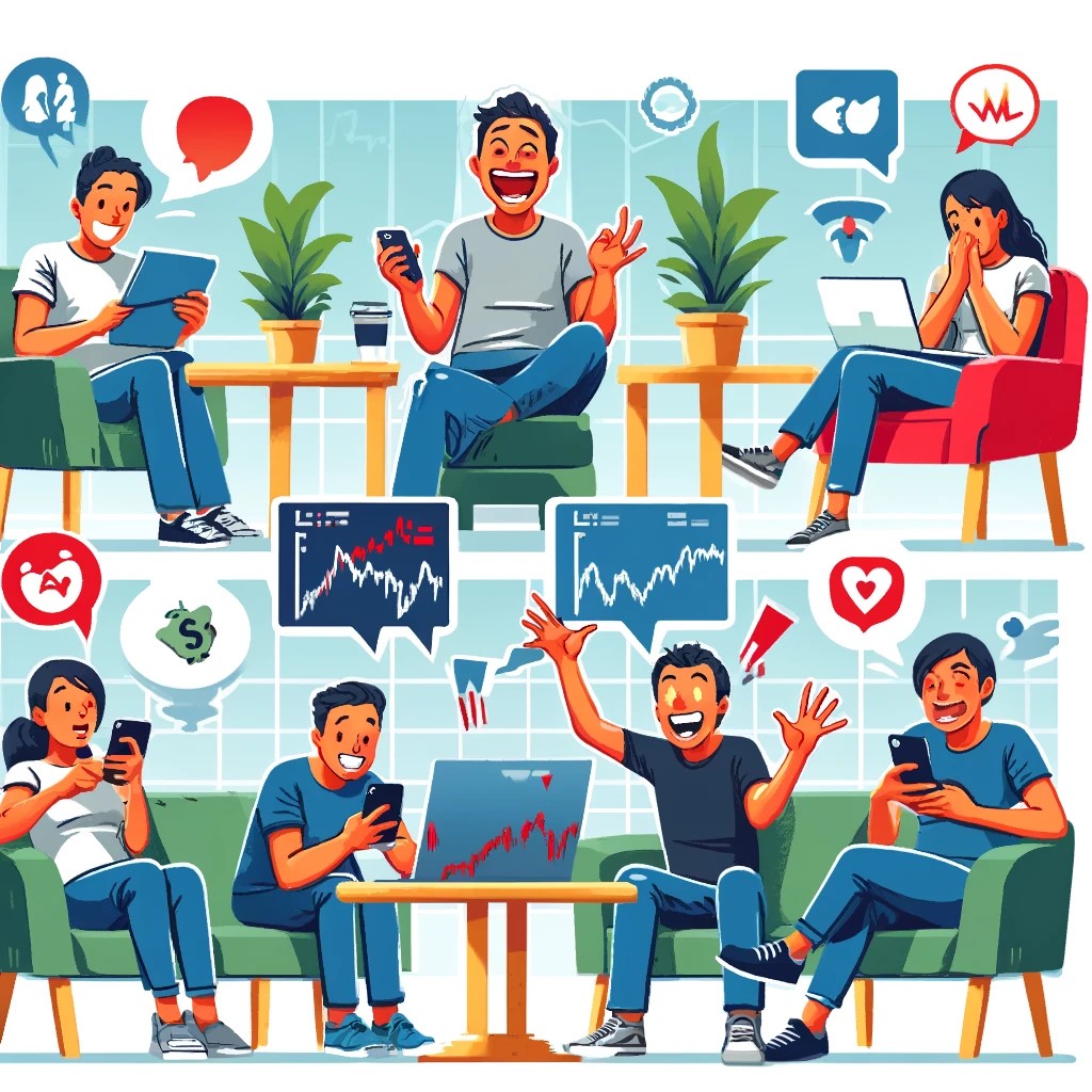 DALL·E 2024-06-15 18.02.11 - An illustration showing a group of people experiencing different emotions while checking stock market results on their smartphones and laptops. Includ