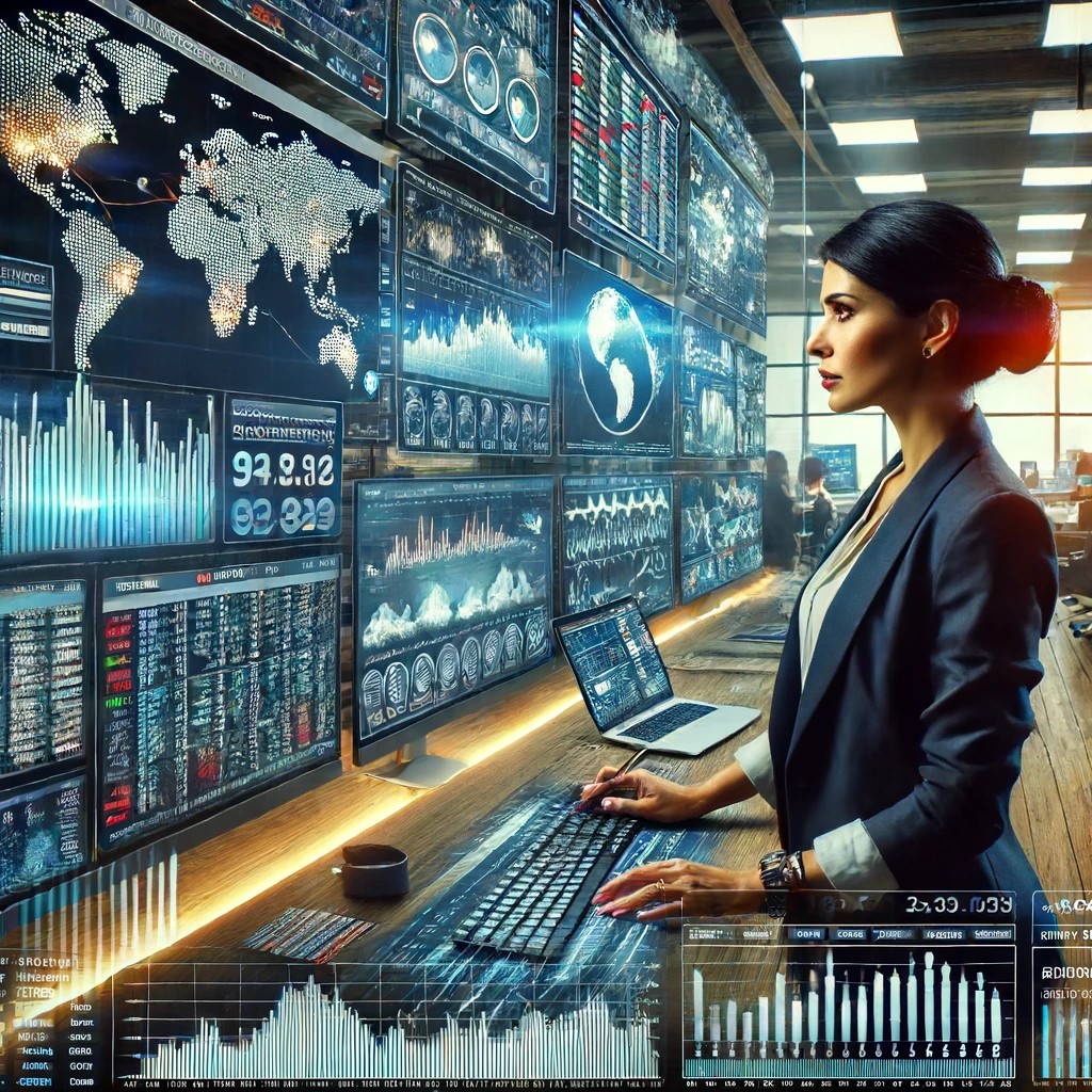 DALL·E 2024-06-16 19.22.48 - A businesswoman analyzing financial data on multiple screens in a high-tech office. She is reviewing global economic trends and their impact on invest