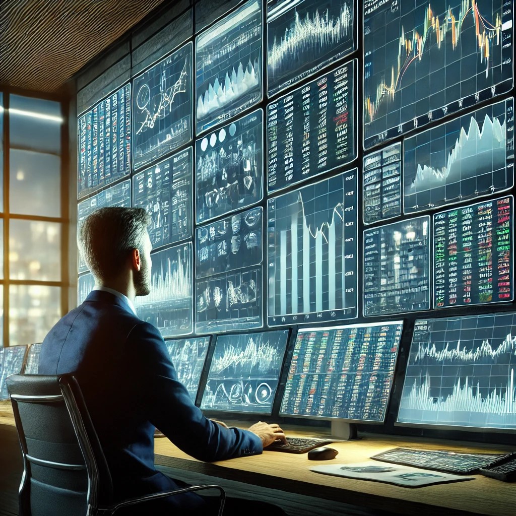 DALL·E 2024-07-09 12.34.44 - A financial analyst monitoring automated trading algorithms from a control room, with multiple screens showing complex charts, trading volumes, and al