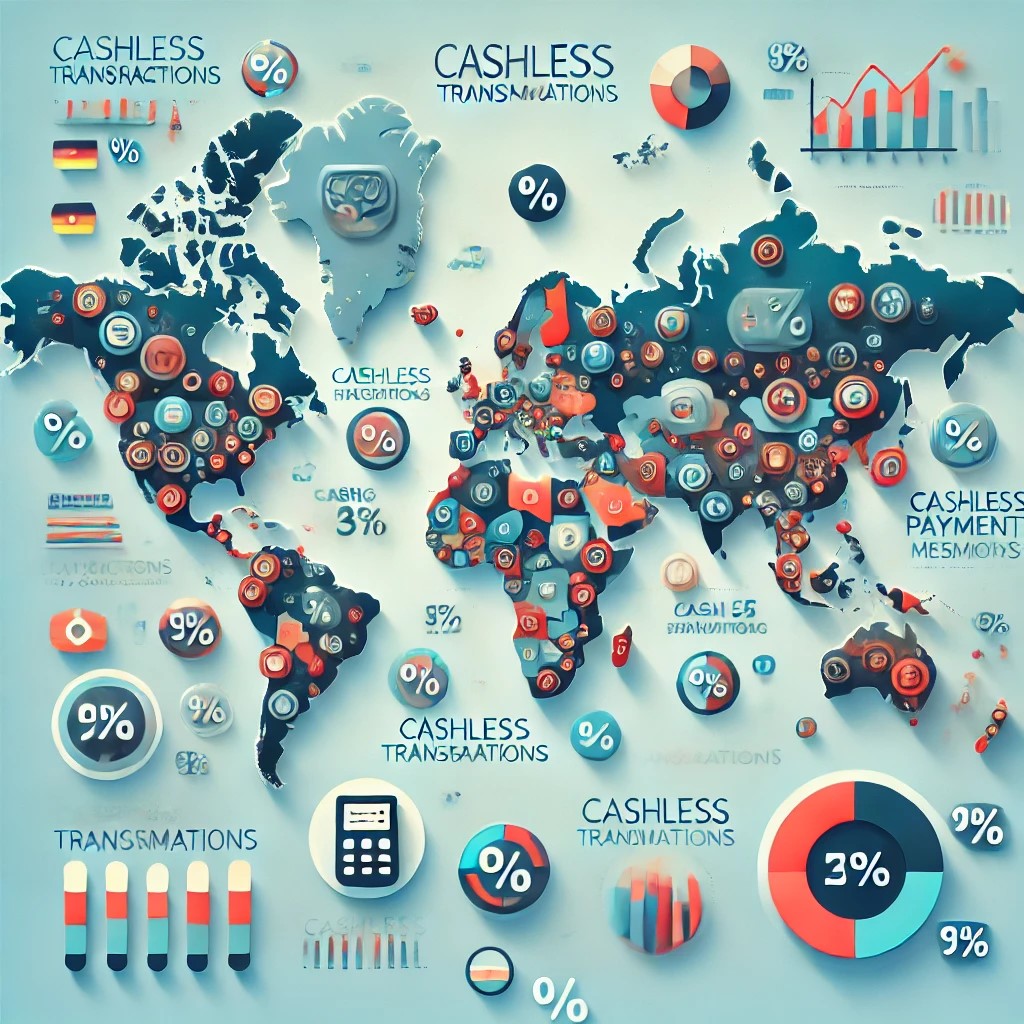 DALL·E 2024-07-08 00.53.03 - A global map highlighting countries leading in cashless transactions, featuring icons and percentages that illustrate the level of cashless activity i