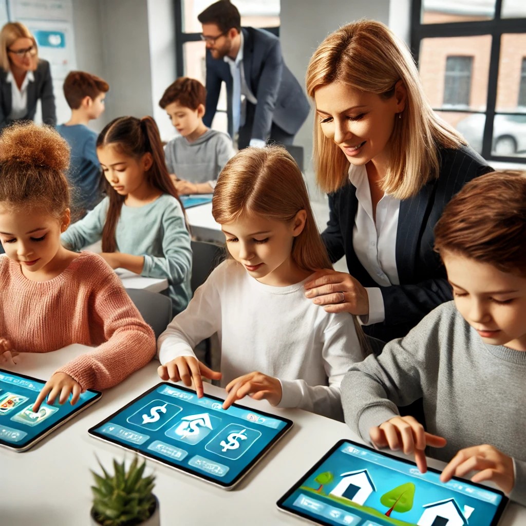 DALL·E 2024-07-03 18.29.17 - A modern classroom setting where young students are engaged in an interactive financial education lesson using tablets. The children, from diverse eth