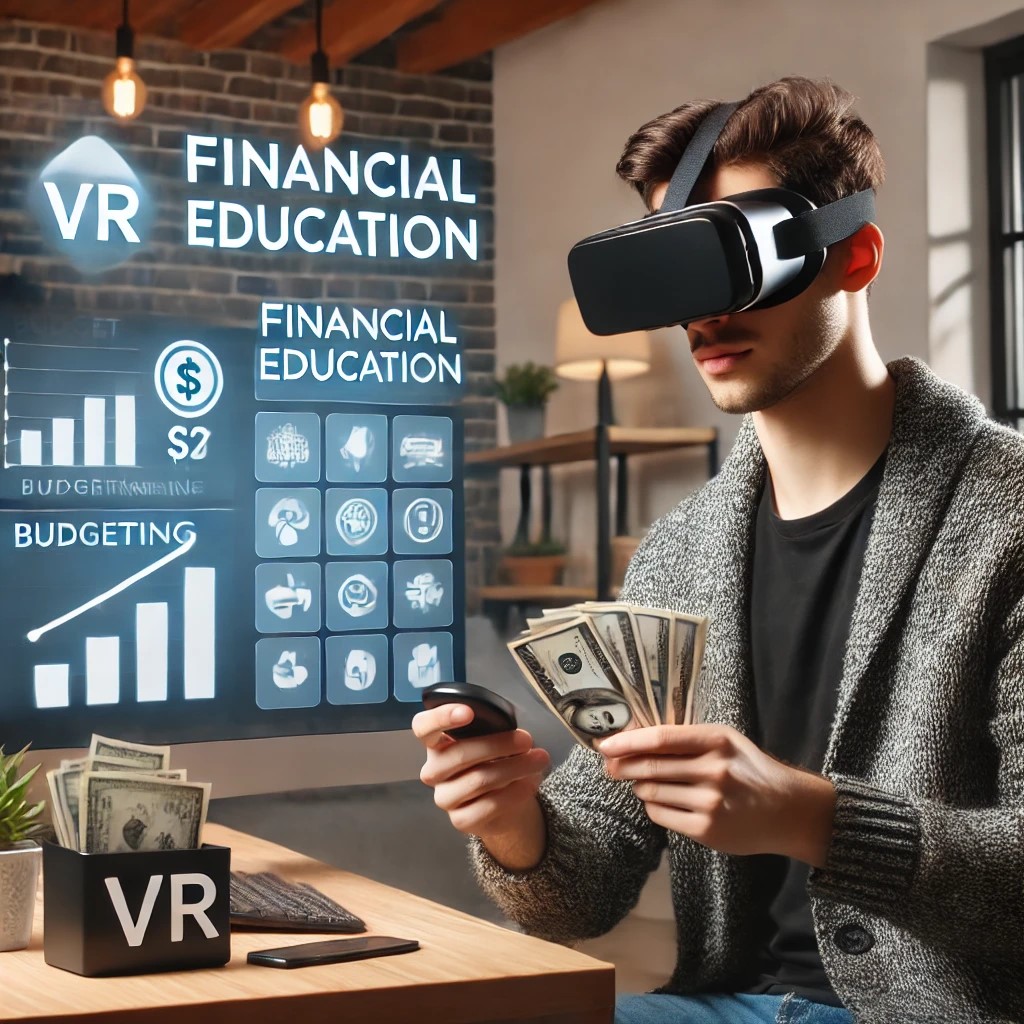 DALL·E 2024-07-03 18.29.18 - An image of a young adult using virtual reality (VR) gear to engage in an immersive financial education experience. The setting is a modern, tech-savv