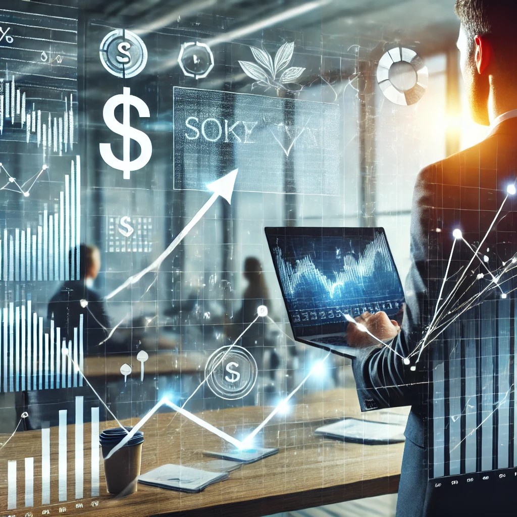 DALL·E 2024-07-29 04.11.09 - An investor looking at a stock market screen showing rising trends and market data. The scene includes financial symbols like dollar signs, graphs, an