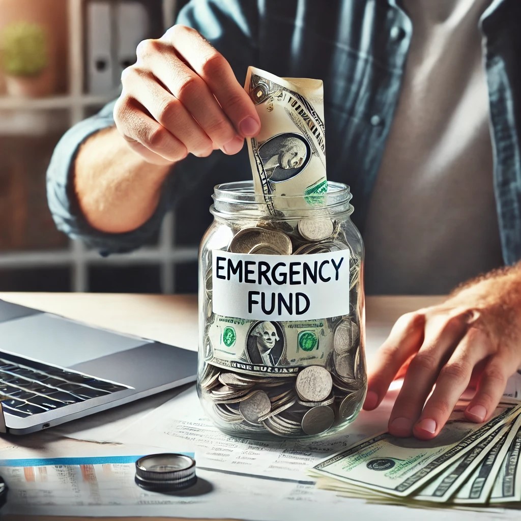 DALL·E 2024-07-30 10.17.59 - A person adding money to an emergency savings jar. The jar is labeled 'Emergency Fund' and is filled with cash. The background is a home office with f