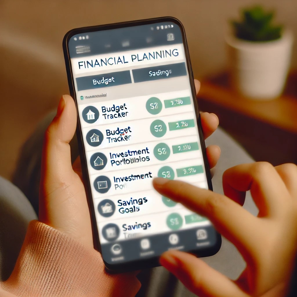 DALL·E 2024-07-30 10.35.13 - A person using a financial planning app on their smartphone. The screen displays various financial tools, such as budget trackers, investment portfoli