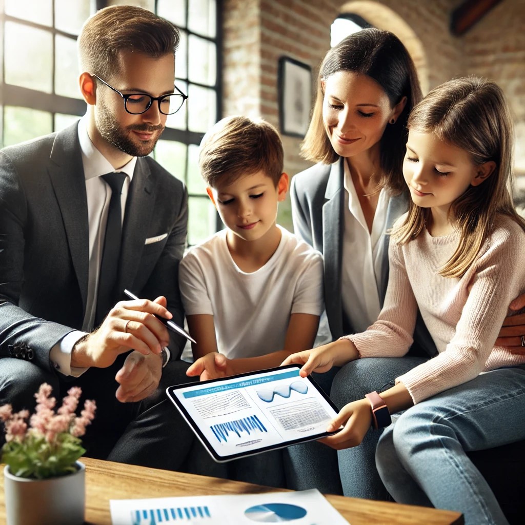 DALL·E 2024-07-30 10.35.12 - A family sitting together with a financial advisor in a modern office. The advisor is showing them financial plans on a tablet, and the atmosphere is 