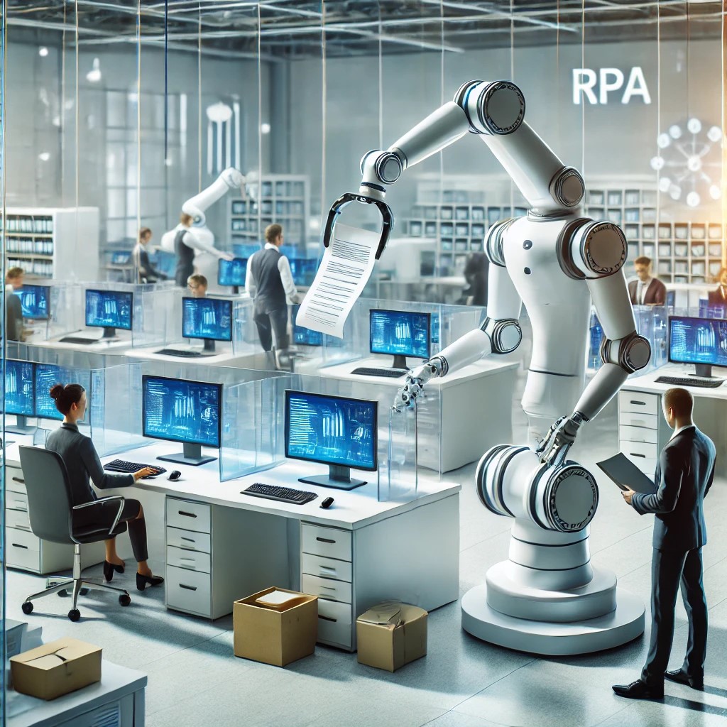 DALL·E 2024-07-30 10.40.10 - A modern office with robotic process automation (RPA) in action. The scene includes robotic arms handling documents, automated systems processing data